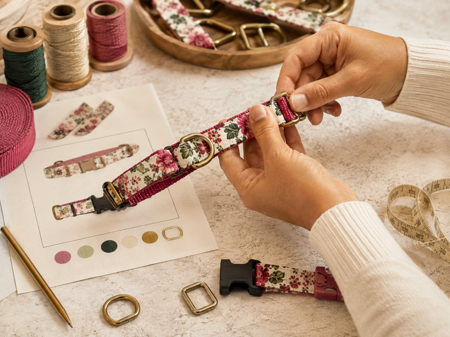 Mãos de artesã montando uma coleira pet